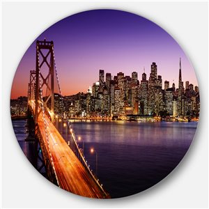 Designart 11-in x 11-in Round San Francisco skyline and Bay Bridge' Ultra Glossy Metal Circle Art