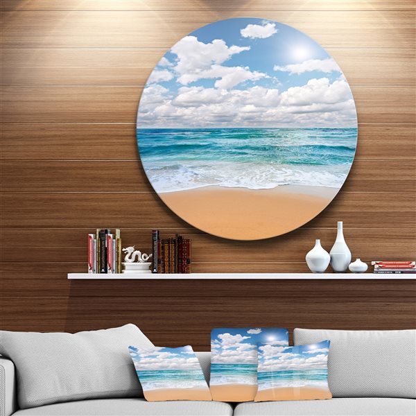 Designart 23-in x 23-in Round Peaceful Seashore under White Clouds' Beach Metal Circle Wall Art