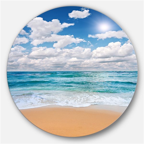 Designart 23-in x 23-in Round Peaceful Seashore under White Clouds' Beach Metal Circle Wall Art