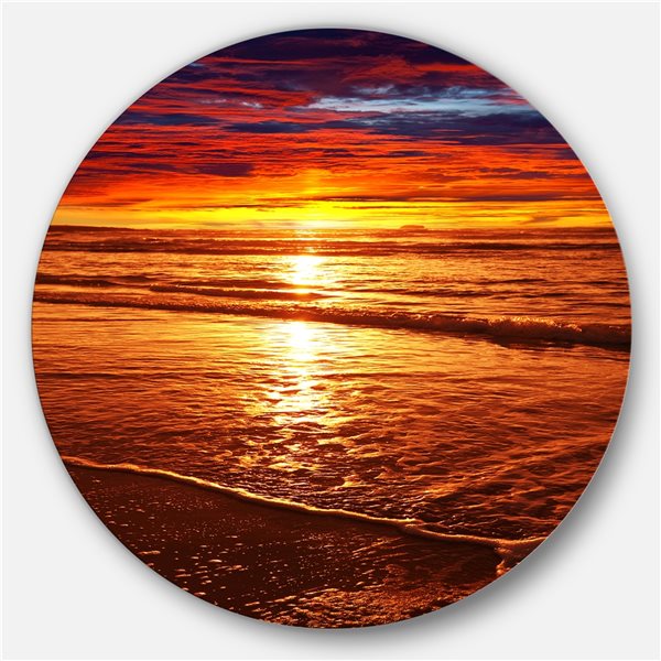 Designart 36-in x 36-in Round Colorful Sunset Mirrored in Waters' Beach Metal Circle Wall Art