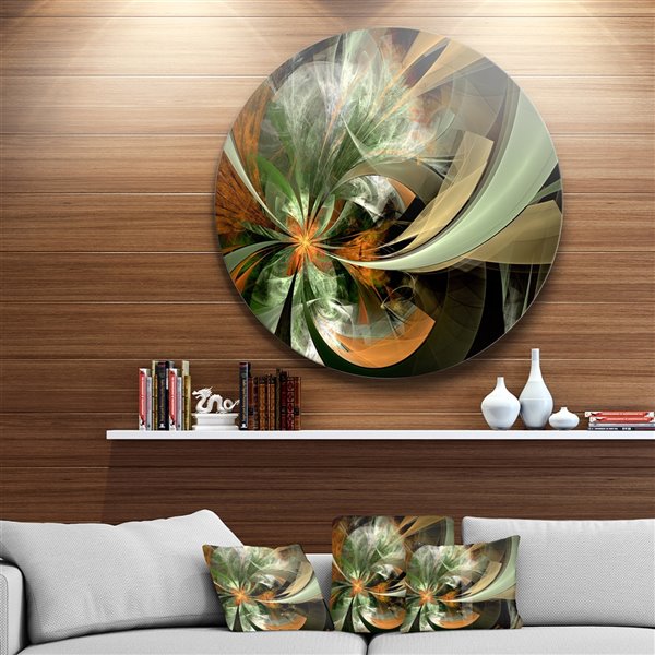 Designart 36-in x 36-in Symmetrical Orange Green Fractal Flower Metal Circle Wall Art