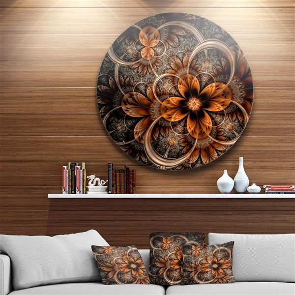Designart 29-in x 29-in Dark Orange Digital Art Fractal Flower Metal Circle Wall Art
