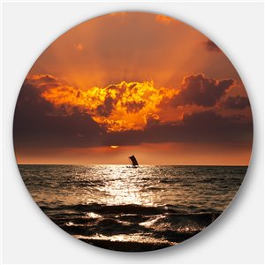 Designart 29-in x 29-in Sunset Beach with Distant Sail Boat Metal Circle Art