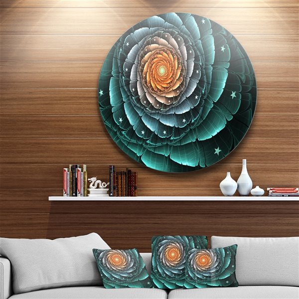 Designart 36-in x 36-in Fractal Flower Turquoise Digital Art Floral Metal Circle Wall Art