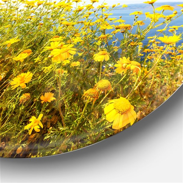 Designart 23-in x 23-in Little Yellow Flowers over Seashore Flower Metal Circle Art