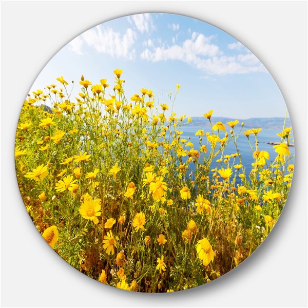 Designart 23-in x 23-in Little Yellow Flowers over Seashore Flower Metal Circle Art