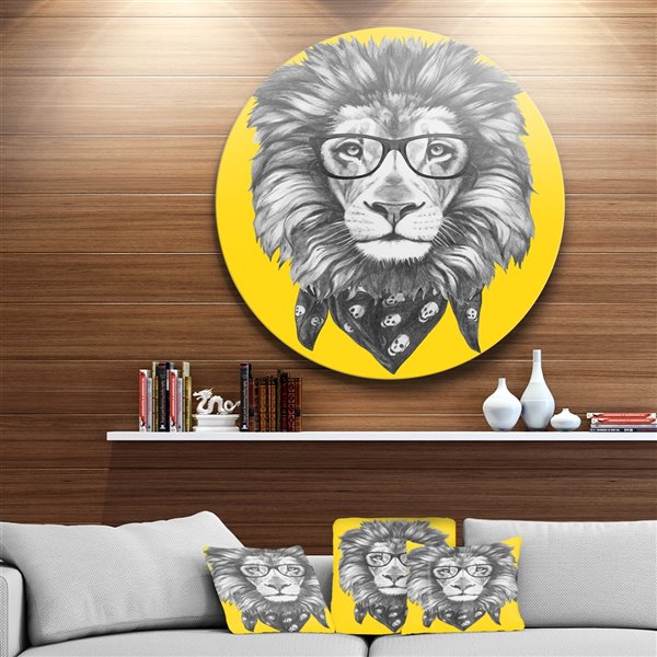 Designart 29-in x 29-in Lion with Glasses and Scarf Animal Metal Circle Wall Art