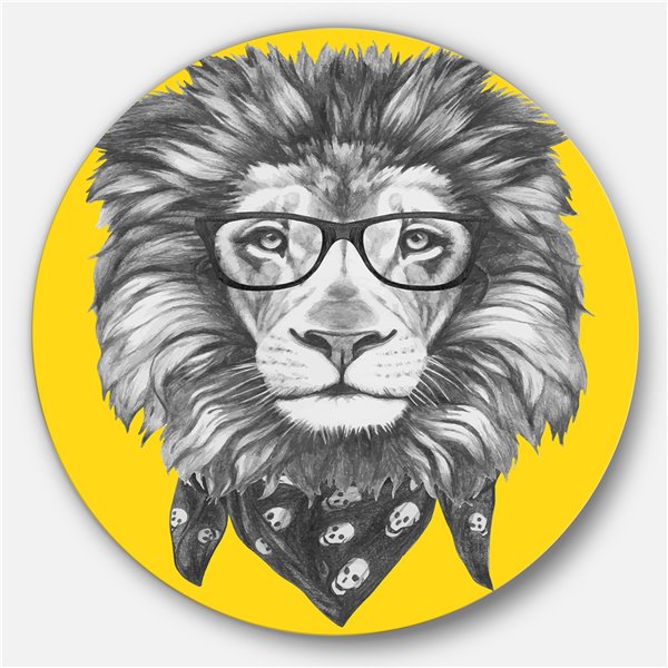 Designart 29-in x 29-in Lion with Glasses and Scarf Animal Metal Circle Wall Art