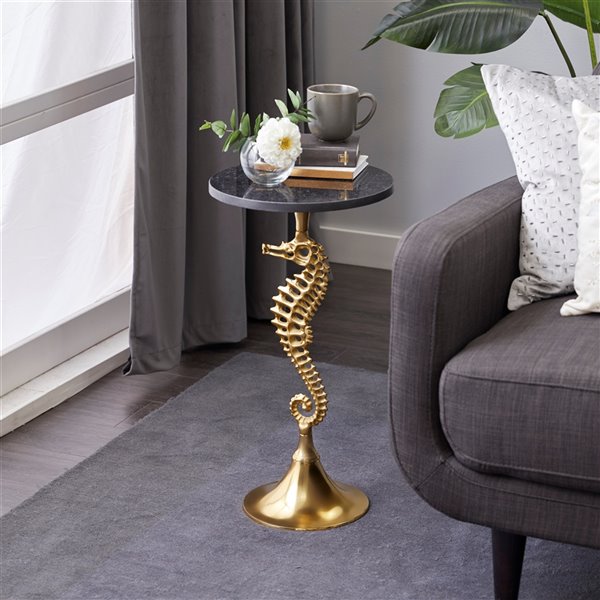 Grayson Lane Coastal Gold Aluminum with Granite/Marble Round End Table