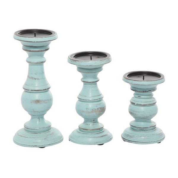 Grayson Lane 3-Candle Pillar Holder - 6-in, 8-in, 10-in -Light Blue Mango Wood