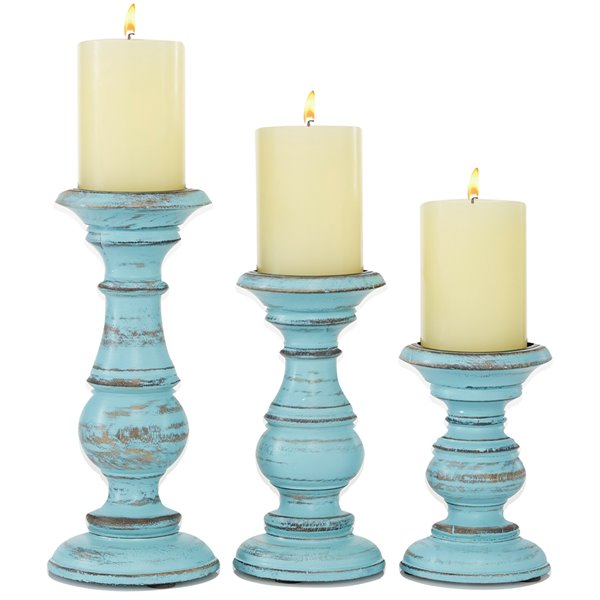 Grayson Lane 3-Candle Pillar Holder - 6-in, 8-in, 10-in -Light Blue Mango Wood