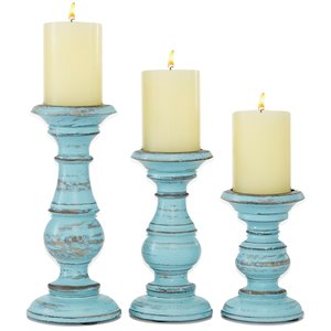 Grayson Lane 3-Candle Pillar Holder - 6-in, 8-in, 10-in -Light Blue Mango Wood