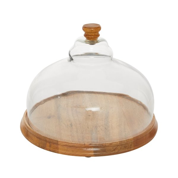 Grayson Lane 10-in x 13-in Natural Cake Stand with Cloche - Brown Wood and Glass