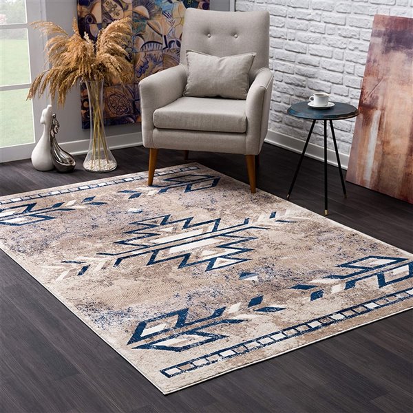 Rug Branch Contemporary Boho South-Western Blue Beige Indoor Doormat Rug - 2x4