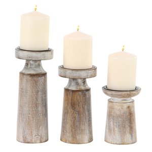 Grayson Lane Natural Brown Wooden Pillar Candle Holder - Set of 3