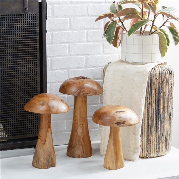 Grayson Lane Brown Teak Wood Mushroom Sculptures - Set of 3 361690