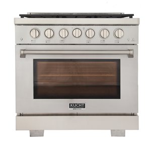 Cuisinière au gaz autoportante de 36 po argent par KUCHT avec 6 brûleurs et four à convection de 5,2 pi³