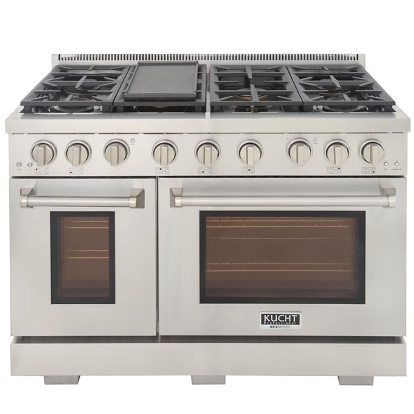 Cuisinière autoportante et four à convection double de KUCHT gaz 7 brûleurs 48 po argent