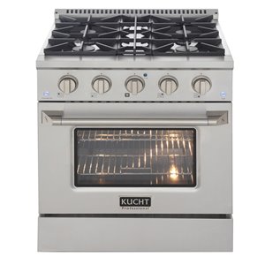 Cuisinière au gaz autoportante de 30 po argent par KUCHT avec 4 brûleurs et four à convection de 4,2 pi³