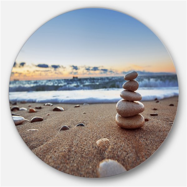 Designart 11-in x 11-in Stones Balance on Sandy Beach Seashore Metal Circle Wall Art