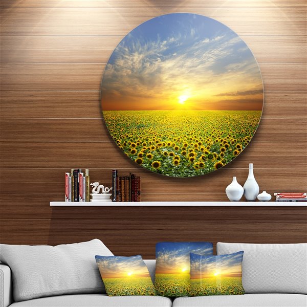 Designart 11-in x 11-in Beauty Sunset over Sunflowers Field Disc Metal Circle Wall Art