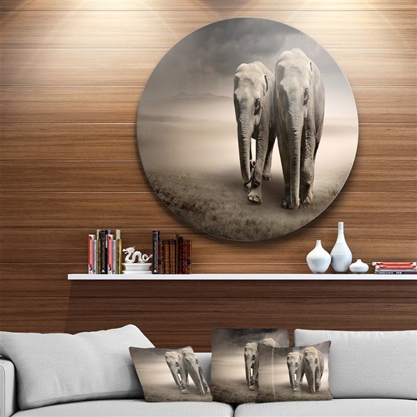 Designart 11-in x 11-in Elephant Pair in Motion Metal Circle Wall Art