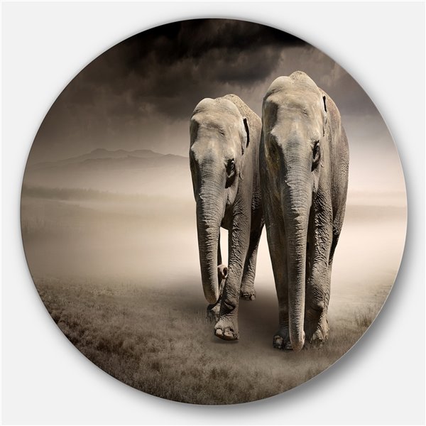 Designart 11-in x 11-in Elephant Pair in Motion Metal Circle Wall Art