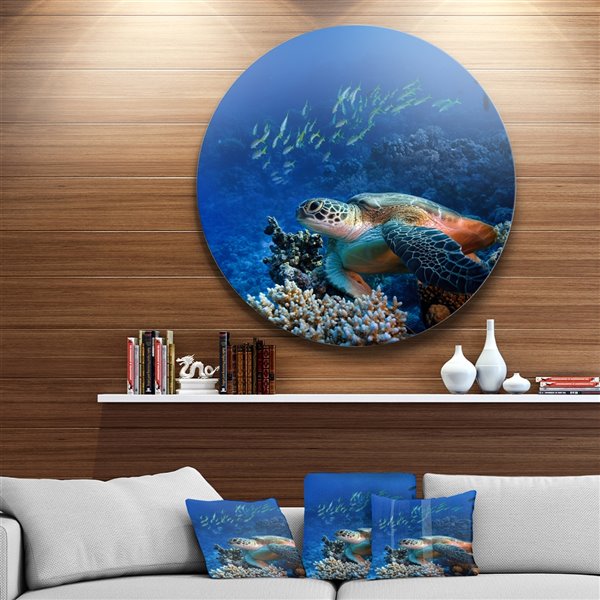 Designart 29-in x 29-in Sea Turtle underwater Ultra Vibrant Abstract Metal Circle Wall Art
