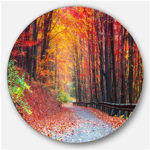 Designart 29-in x 29-in Road in Beautiful Autumn Forest Disc Forest Metal Circle Wall Art