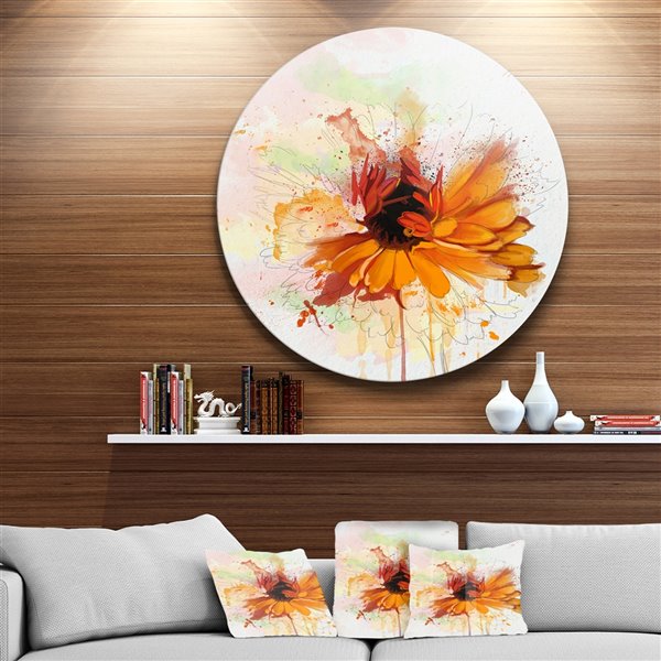 Designart 36-in x 36-in Sunflower Drawing with Paint Splashes Floral Metal Round Wall