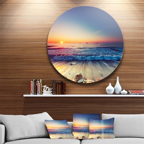 Designart 11-in x 11-in Beautiful Sunrise over Blue Sea Seashore Metal Circle Wall Art