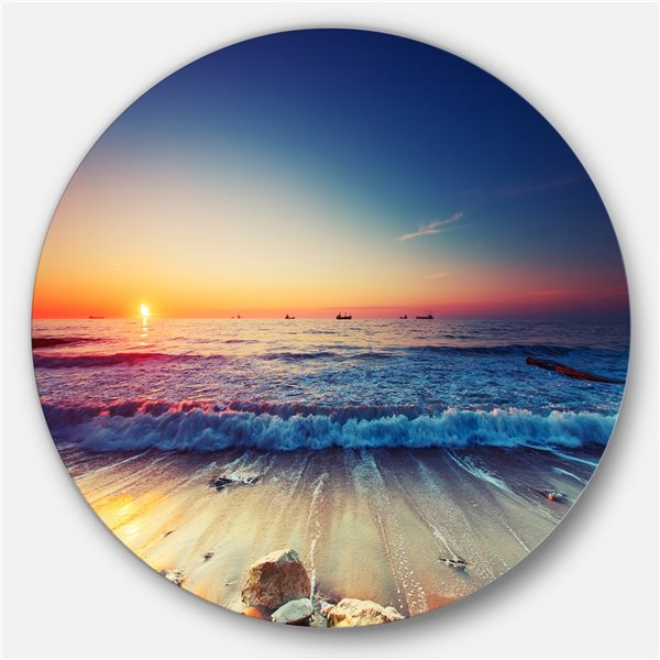 Designart 11-in x 11-in Beautiful Sunrise over Blue Sea Seashore Metal Circle Wall Art