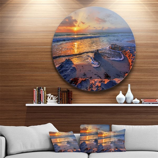 Designart 11-in x 11-in Beautiful Seashore with Yellow Sun Seashore Metal Circle Wall Art