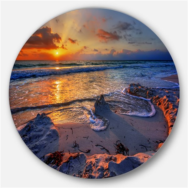Designart 11-in x 11-in Beautiful Seashore with Yellow Sun Seashore Metal Circle Wall Art