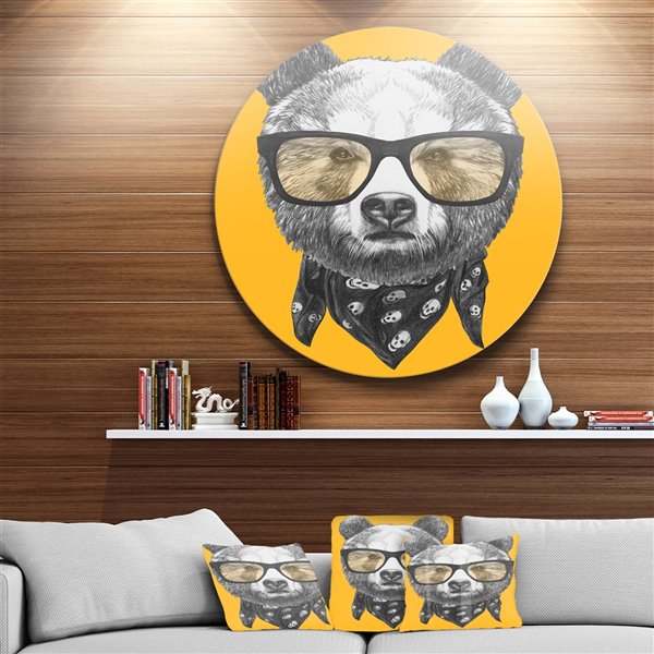 Designart 36-in x 36-in Funny Bear with Formal Glasses Disc Animal Metal Circle Wall Decor