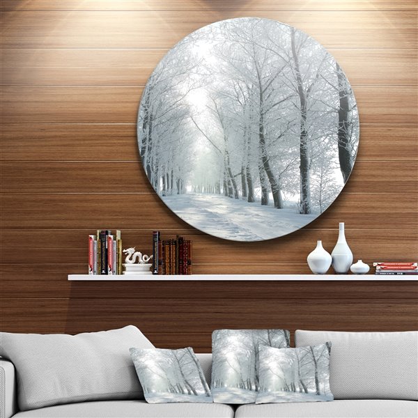Designart 23-in x 23-in Winter Country Lane on Frosty Morning Forest Metal Circle Wall Art