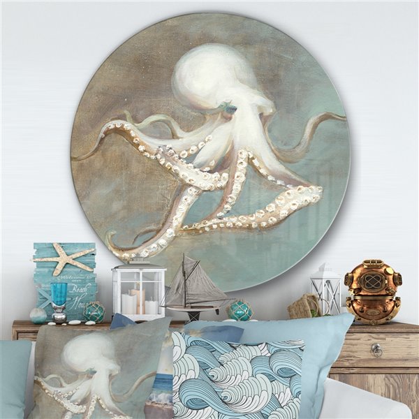 Designart 23-in x 23-in Octopus Treasures from the Sea Nautical Metal Circle Wall Art