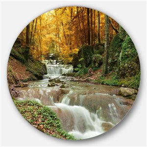 Designart 11-in x 11-in Forest Waterfall with Yellow Trees Landscape Metal Circle Wall Art