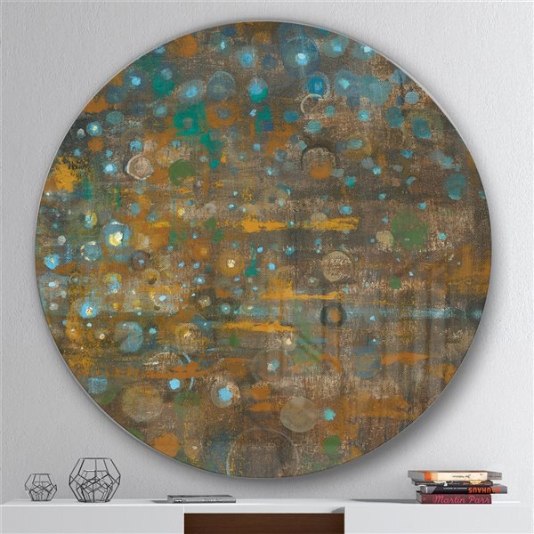 Designart 23-in x 23-in Blue and Bronze Dots on Glass IV Geometric Metal Circle Wall Art