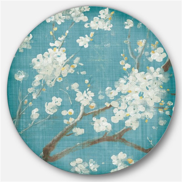 Designart 23-in x 23-in Blue Cherry Blossoms II Farmhouse Metal Circle Wall Art