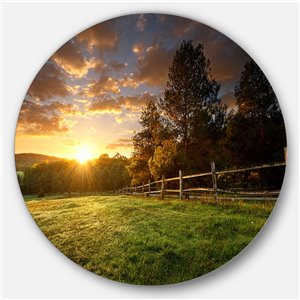 Designart 29-in x 29-in Fenced Ranch at Sunrise Landscape Round Circle Metal Wall Art