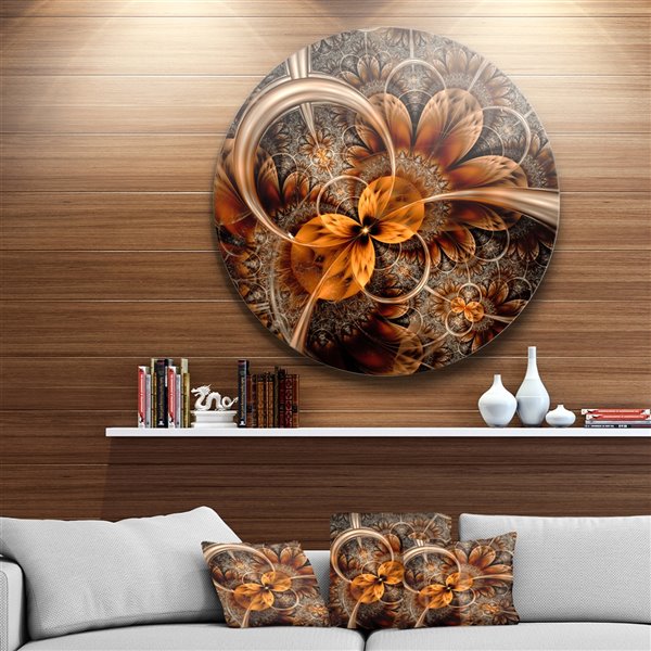 Designart 23-in x 23-in Dark Orange Fractal Flower Abstract Round Circle Metal Wall Decor