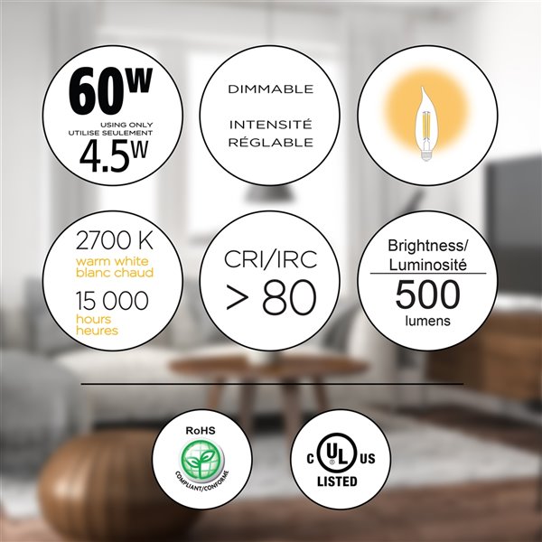 Luminus 60-Watt B10 EQ Warm White Dimmable LED Light Bulb (6-Pack)