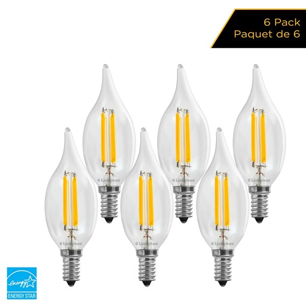 Ampoules à DEL à intensité réglable Luminus de 60 watts, B10, EQ, blanc chaud, paquet de 6