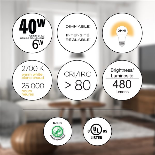 Luminus 40 W EQ A19 Warm White Dimmable LED Light Bulb (6-Pack)