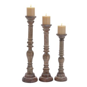 Grayson Lane Set of 3 24-in, 21-in, 17-in Traditional Candle Holder - Brown Mango Wood