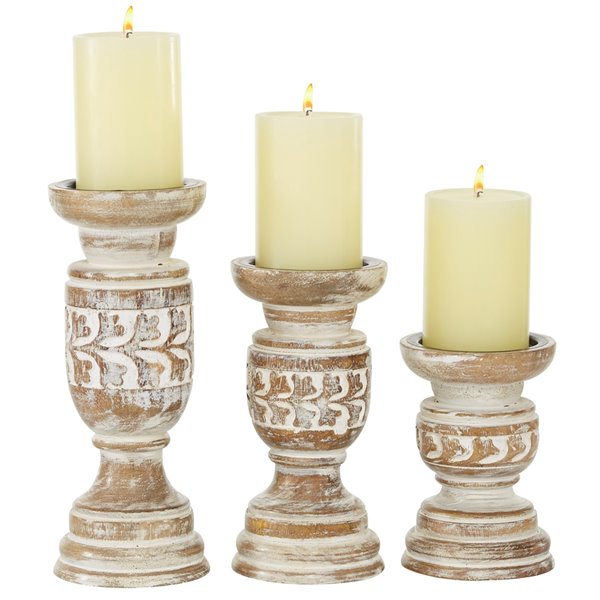 Grayson Lane 1-Candle Beige Wood Pillar Candle Holder - Set of 3