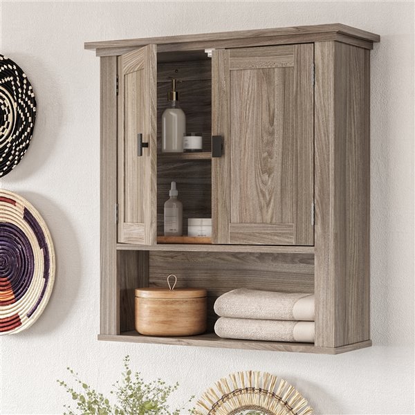 Riverridge Home 23-in x 24.5-in x 8-in Light Woodgrain Two-Door Wall Cabinet