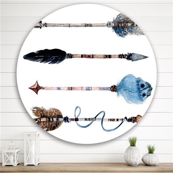 Designart 29-in H x 29-in W Ethnic Feathers and Flowers on Native Arrows IV - Bohemian Metal Art