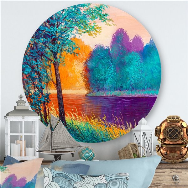 Designart 23-in H x 23-in W Colourful River Between The Trees During Twilight - Traditional Metal Wall Art